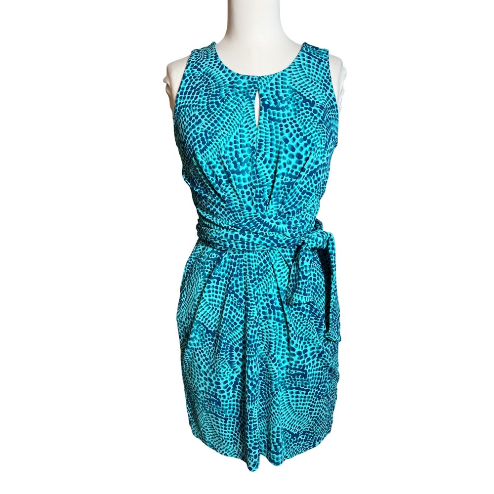 Banana Republic Issa London Teal Blue Pebble Print Keyhole Sheath Dress 6